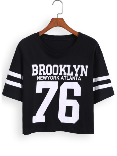 Black Short Sleeve BROOKLYN 76 Print Number Comfort Racewear Monogrammed Crop T-Shirt