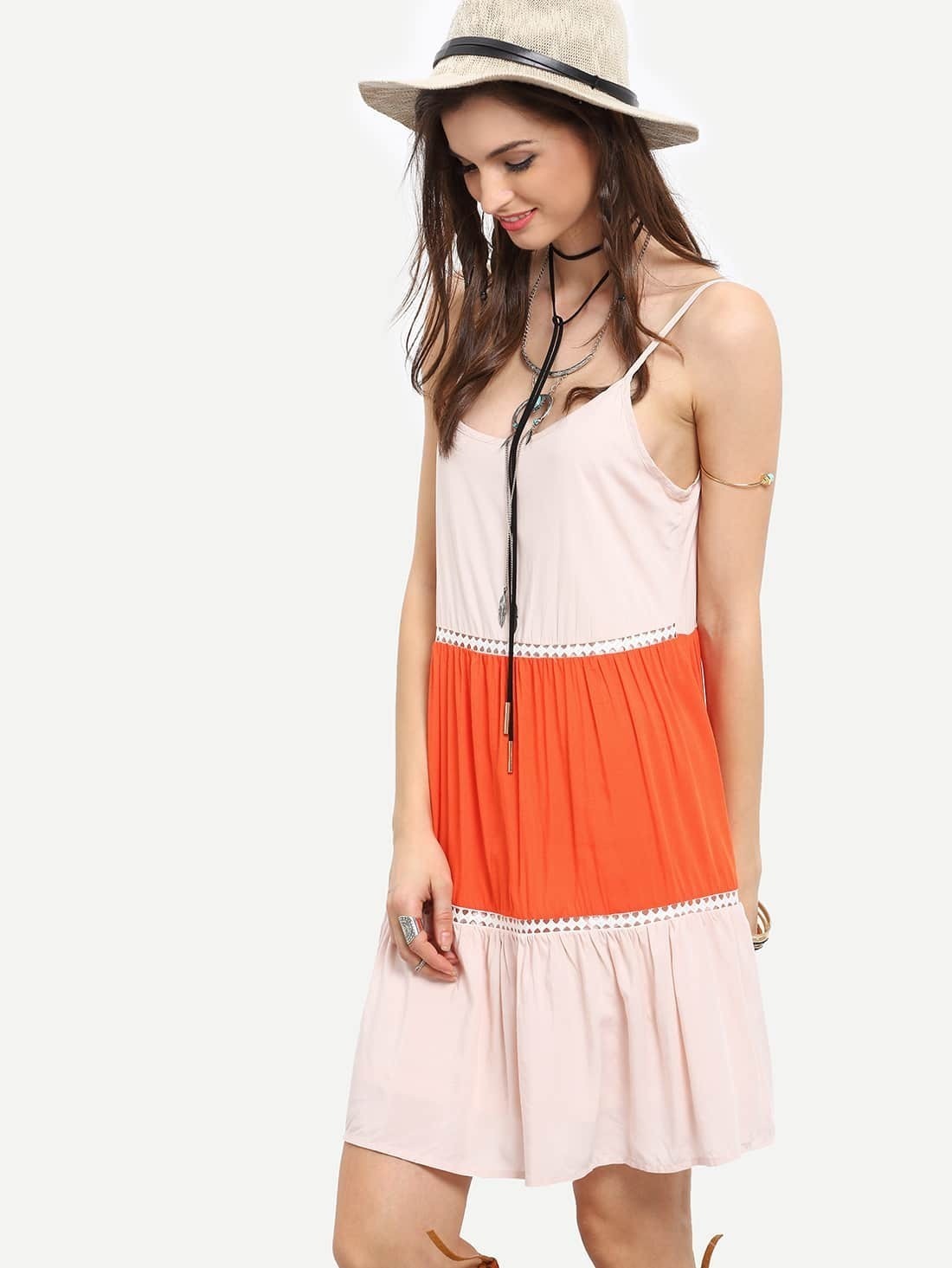 Apricot Orange Spaghetti Strap Backless Color Block Dress