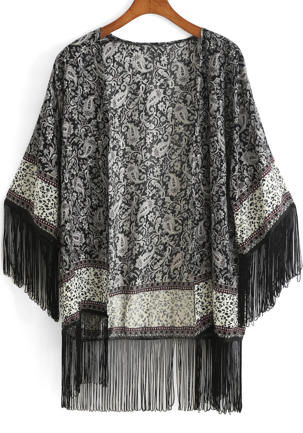 Black Vintage Floral Tassel Kimono SheIn(Sheinside)