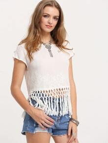 White Short Sleeve Tribal Tassel T-Shirt