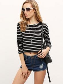 Black Long Sleeve Striped Crop T-Shirt