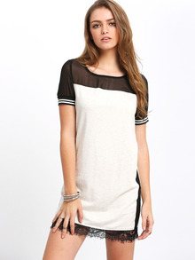 Grey Short Sleeve Colorblock Contrast Sheer Dress