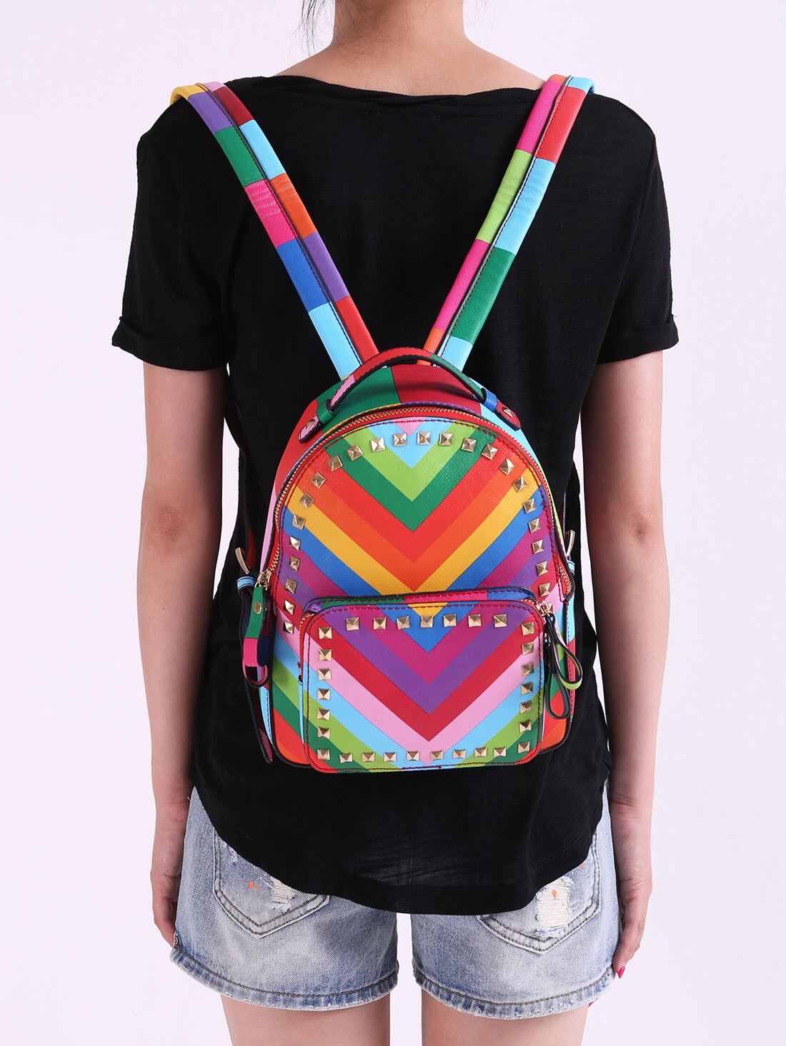 Multicolor With Rivet Zipper Backpacks SheIn(Sheinside)