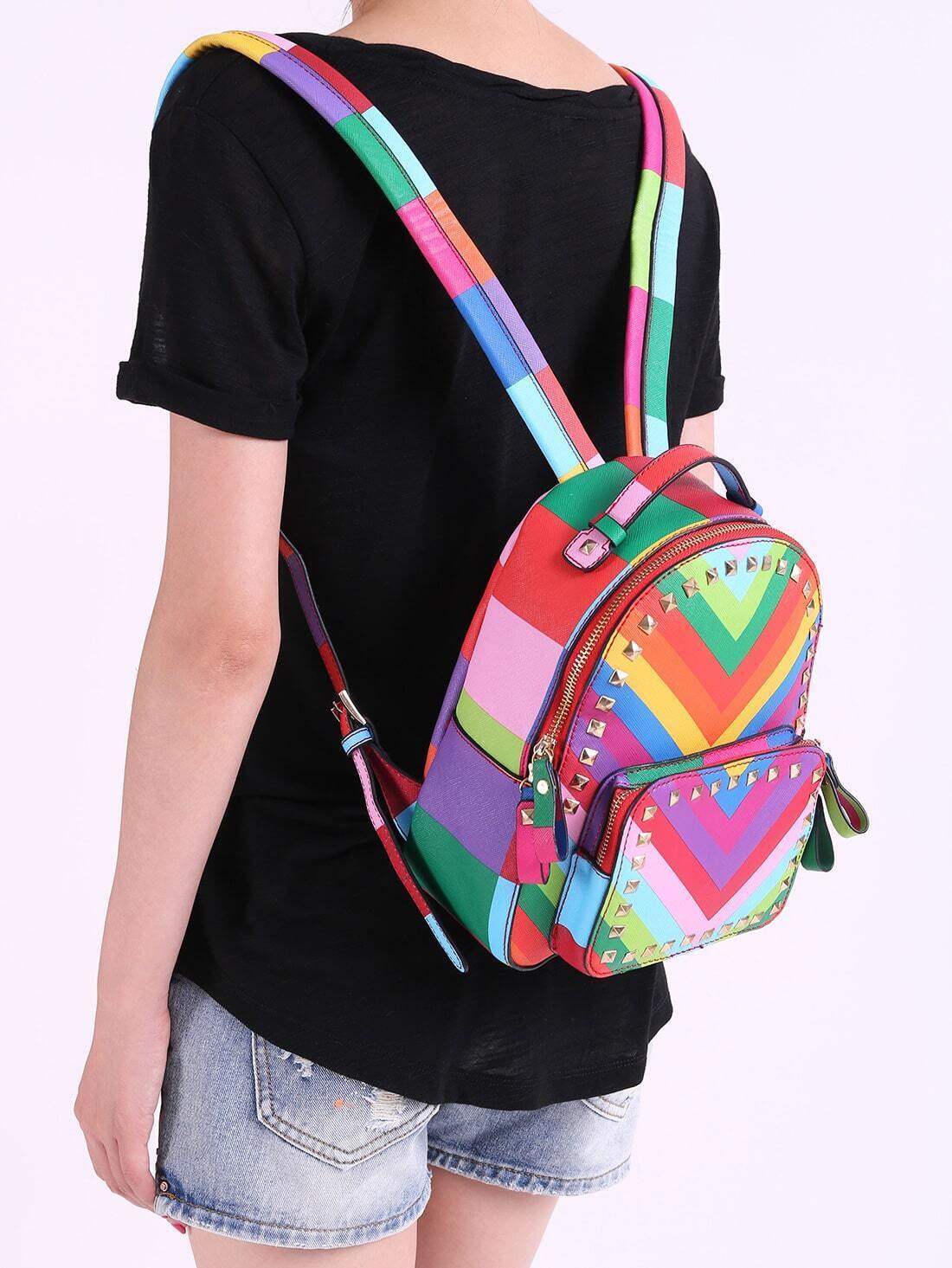Multicolor With Rivet Zipper Backpacks SheIn(Sheinside)