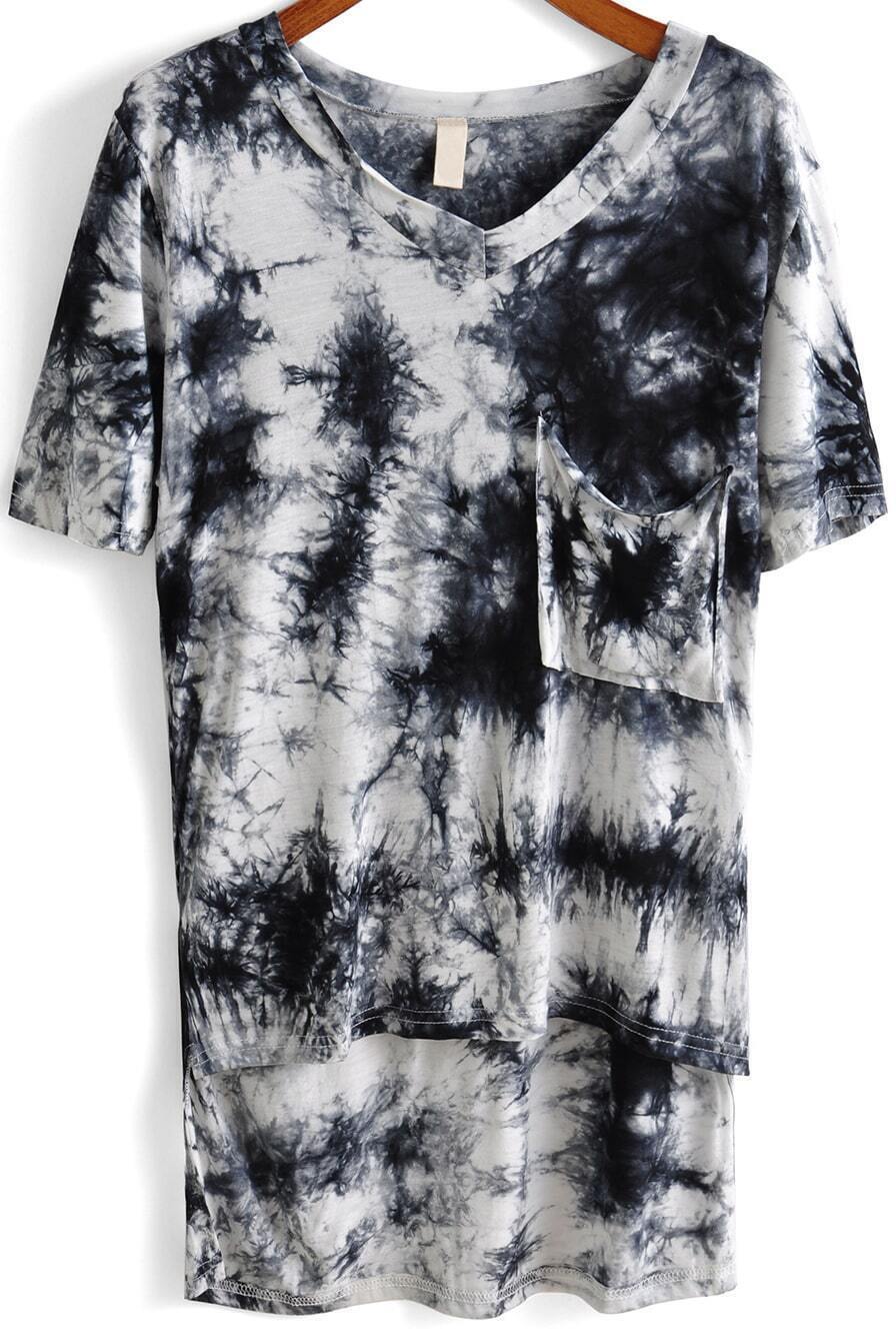 Black V Neck Print Pockets Loose TShirt SheIn(Sheinside)
