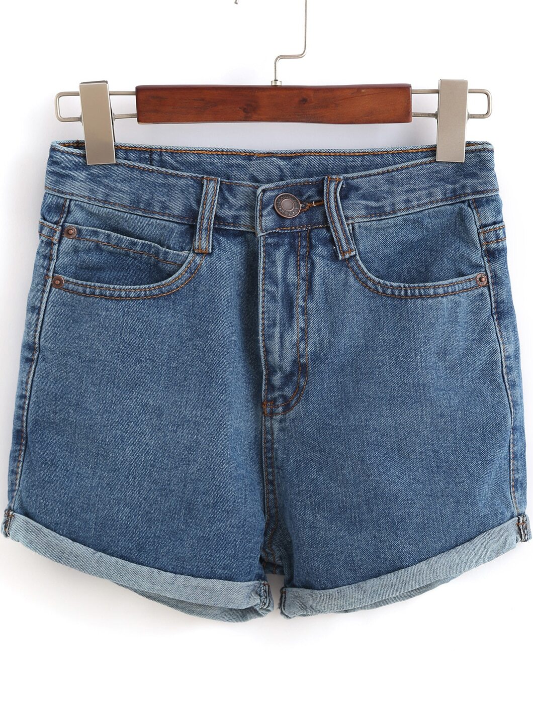 Blue Pockets Flange Denim Shorts -SheIn(Sheinside)