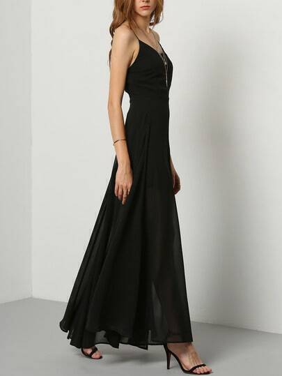 Black Floaty Promdress Spaghetti Strap Yule Split Chiffon Maix Dress pictures