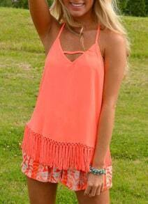Neon Red Halter With Tassel Chiffon Cami Top
