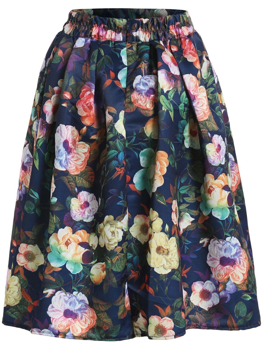 Elastic Waist Florals Flare Skirt SheIn(Sheinside)
