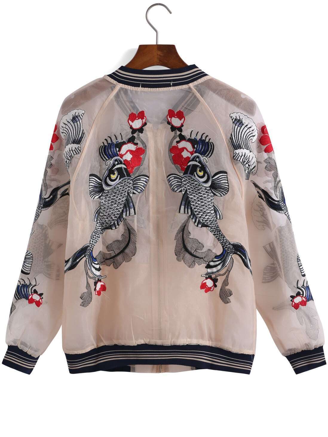 Apricot Long Sleeve Embroidered Organza Jacket SheIn(Sheinside)