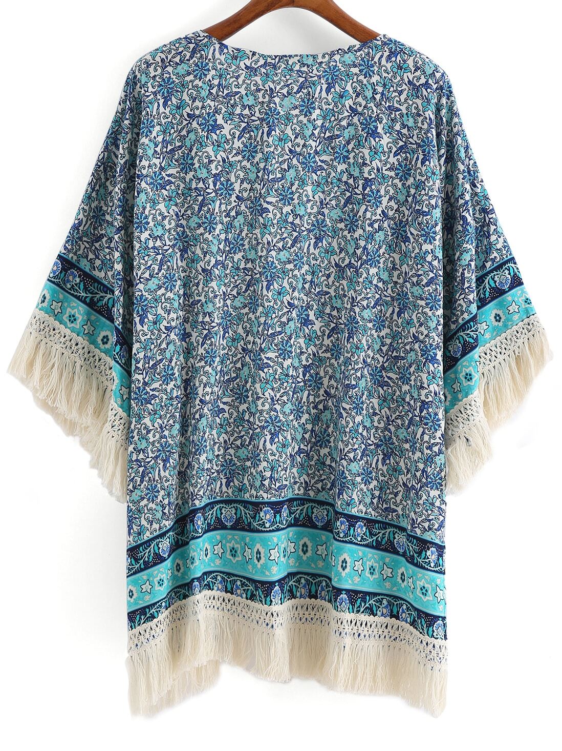 Blue Floral Tassel Loose Kimono SheIn(Sheinside)