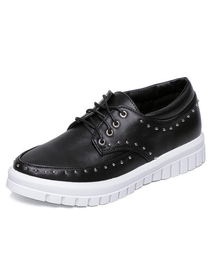 Black Rivet Round Toe PU Flats SheIn(Sheinside)