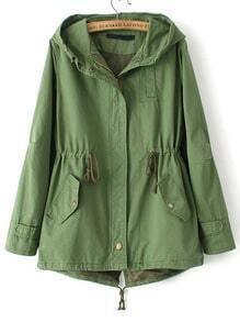 Green Hooded Drawstring Pockets Trench Coat