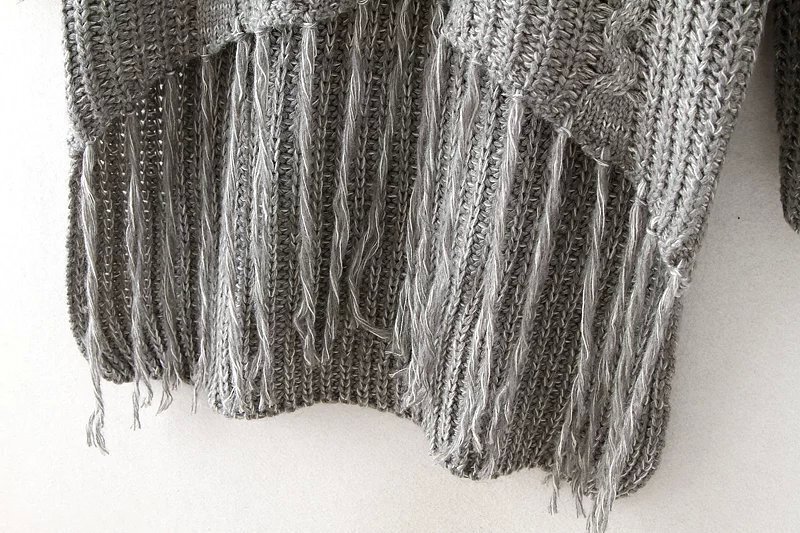 Grey V Neck Tassel Cable Knit Sweater SheIn(Sheinside)