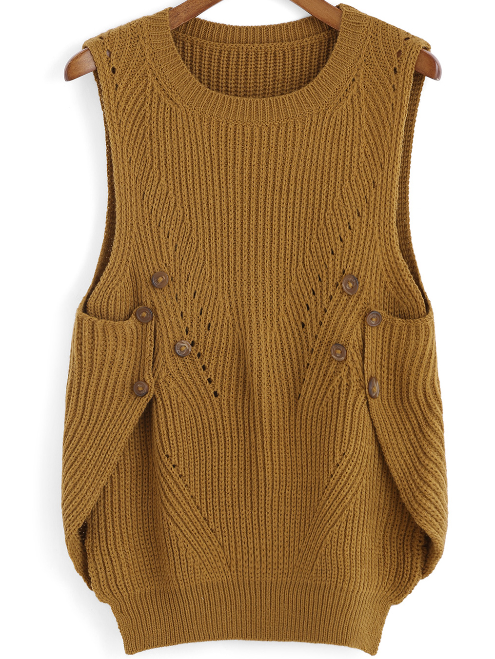 Khaki Round Neck Buttons Knit Sweater -SheIn(Sheinside)