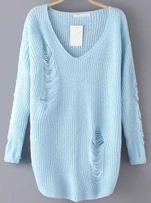 Blue V Neck Ripped Sweater