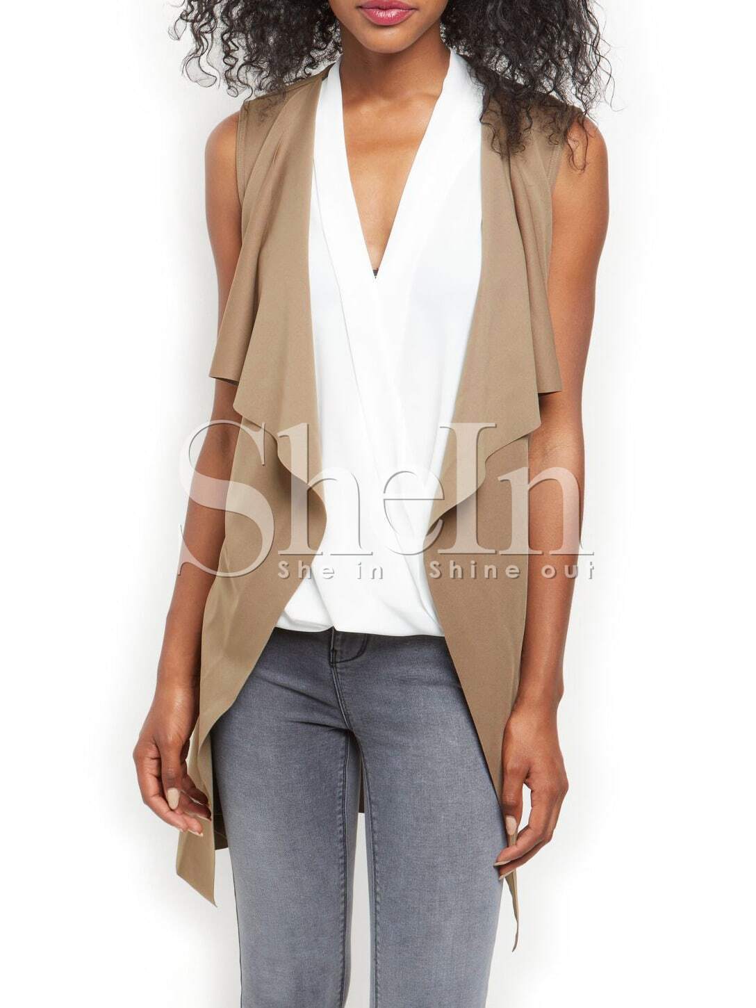 Khaki Sleeveless Asymmetric Vest SheIn(Sheinside)