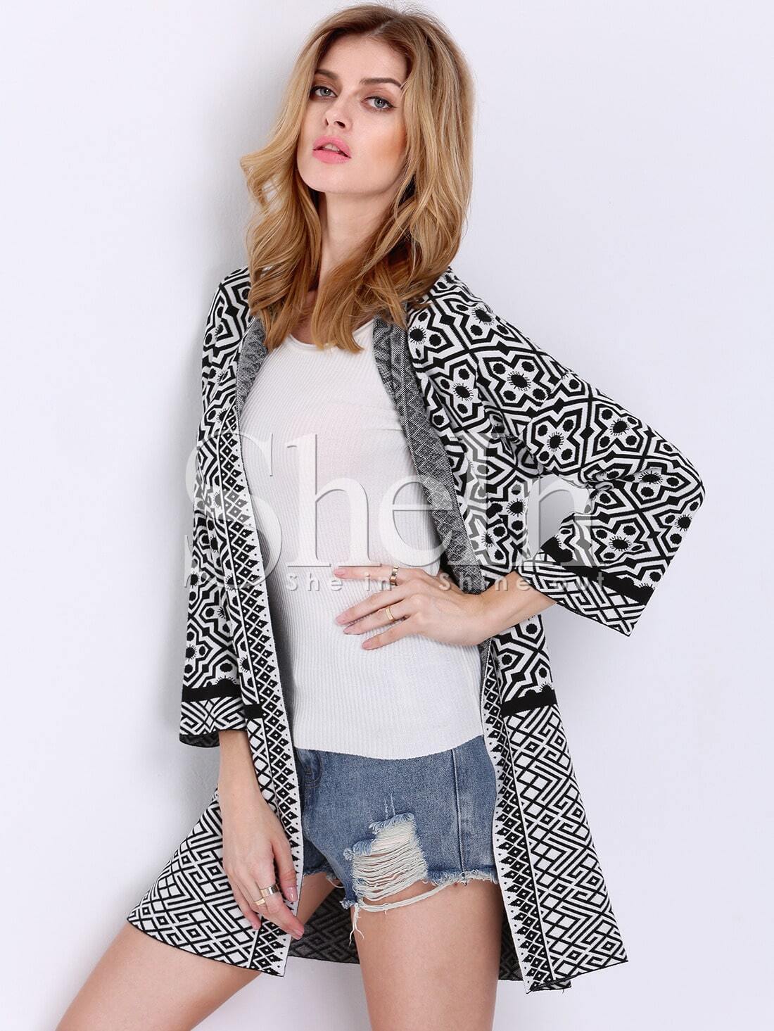 Black White Long Sleeve Geometric Print Cardigan Sweater SheIn(Sheinside)