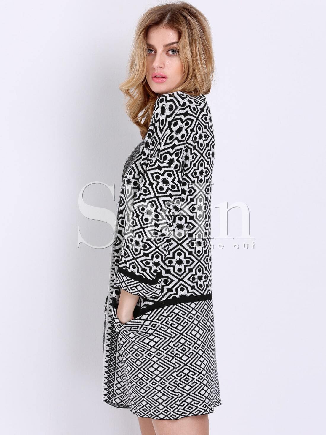 Black White Long Sleeve Geometric Print Cardigan Sweater SheIn(Sheinside)