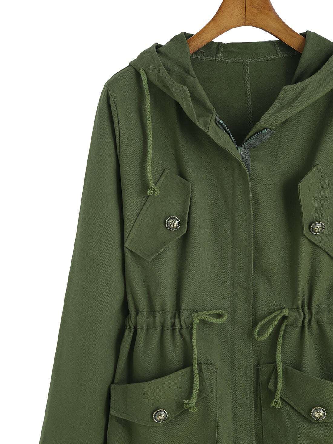 Army Green Hooded Drawstring LONDON Print Coat SheIn(Sheinside)