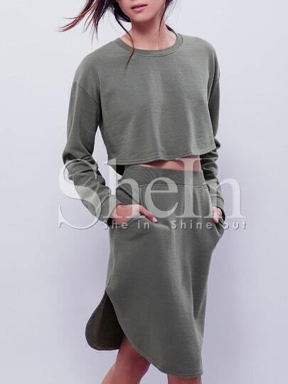 Army Green Long Sleeve Crop Top With Skirt