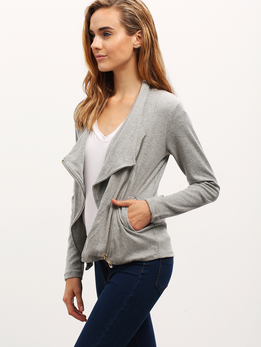 Gray Asymmetrical Jacket With Zipper SheIn(Sheinside)
