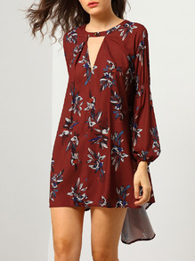 Wine Red Oxblood Baggy Long Sleeve Floral Flowery Dress