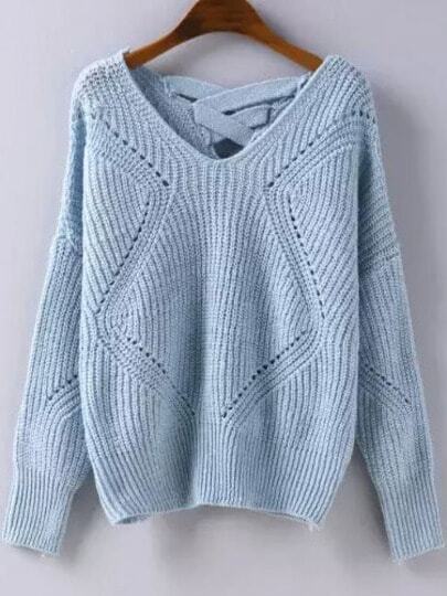 Blue Geometric Pattern Hollow Knit Sweater -SheIn(Sheinside)