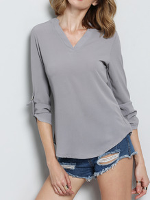 Grey V Neck Dip Hem Blouse