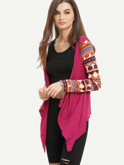 Rose Red  Geometric Print Drape Front Knit Cardigan pictures