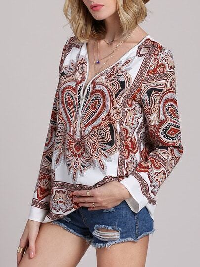 Multicolor Long Sleeve Vintage Print Blouse pictures