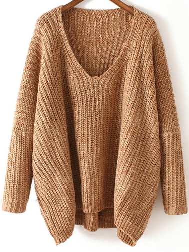 V Neck Chunky Knit Khaki Dolman Sweater -SheIn(Sheinside)