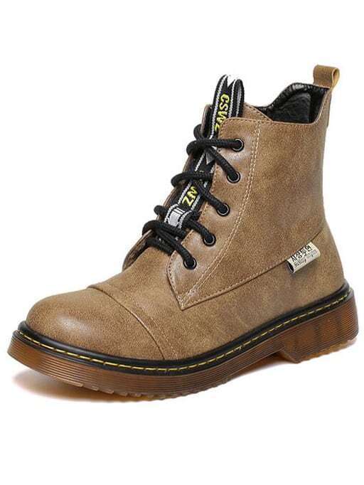 Khaki Vintage Thicksoled Round Toe Boots SheIn(Sheinside)