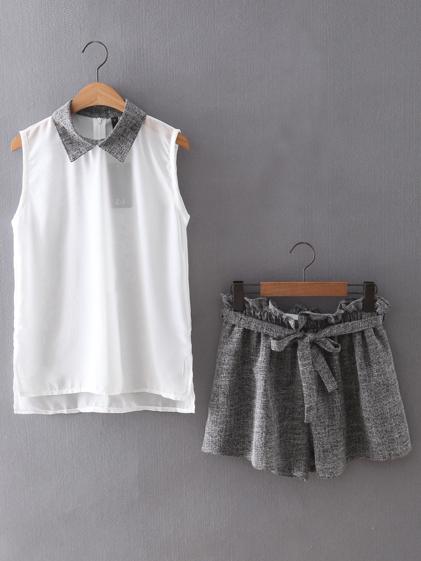 Contrast Collar Sleeveless Top With Belt Shorts