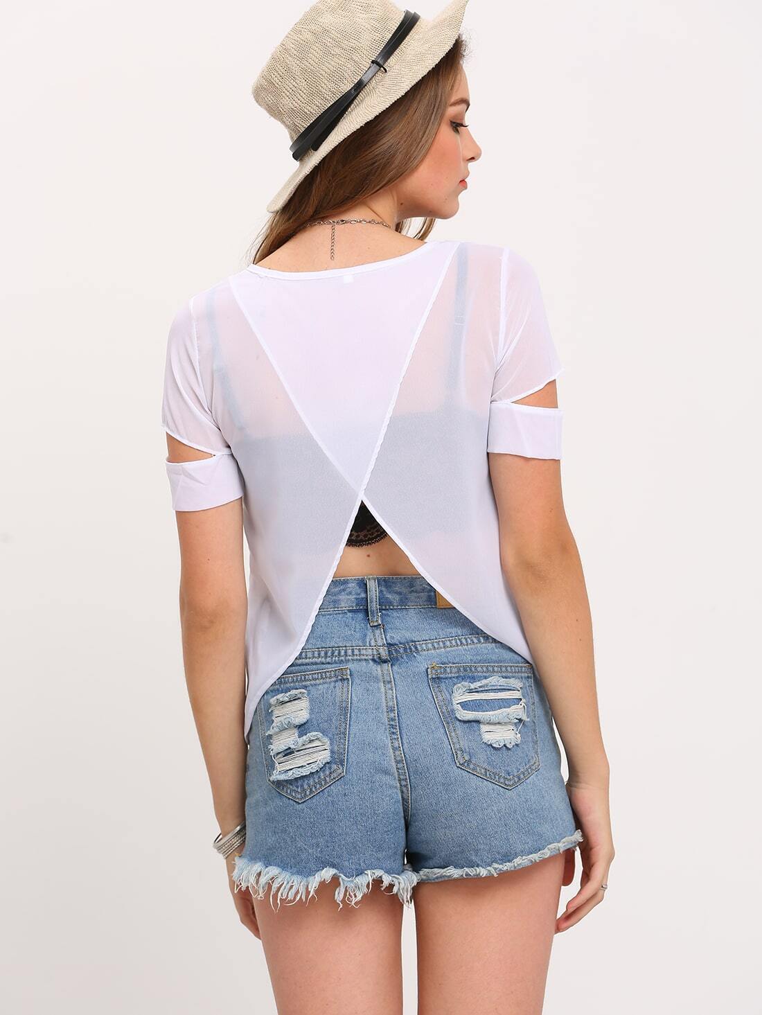 White cut out Style Short Sleeve Chiffon Blouse SheIn(Sheinside)