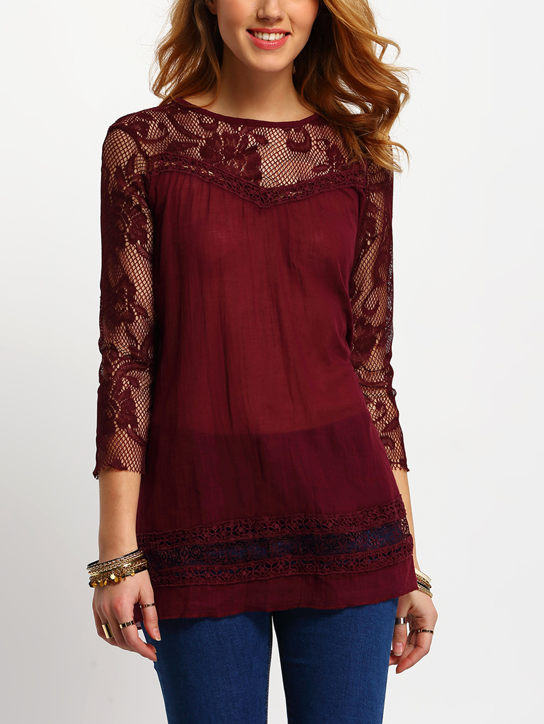 Lace Insert Hollow Maroon Blouse