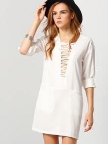 White Long Sleeve Pockets Dress