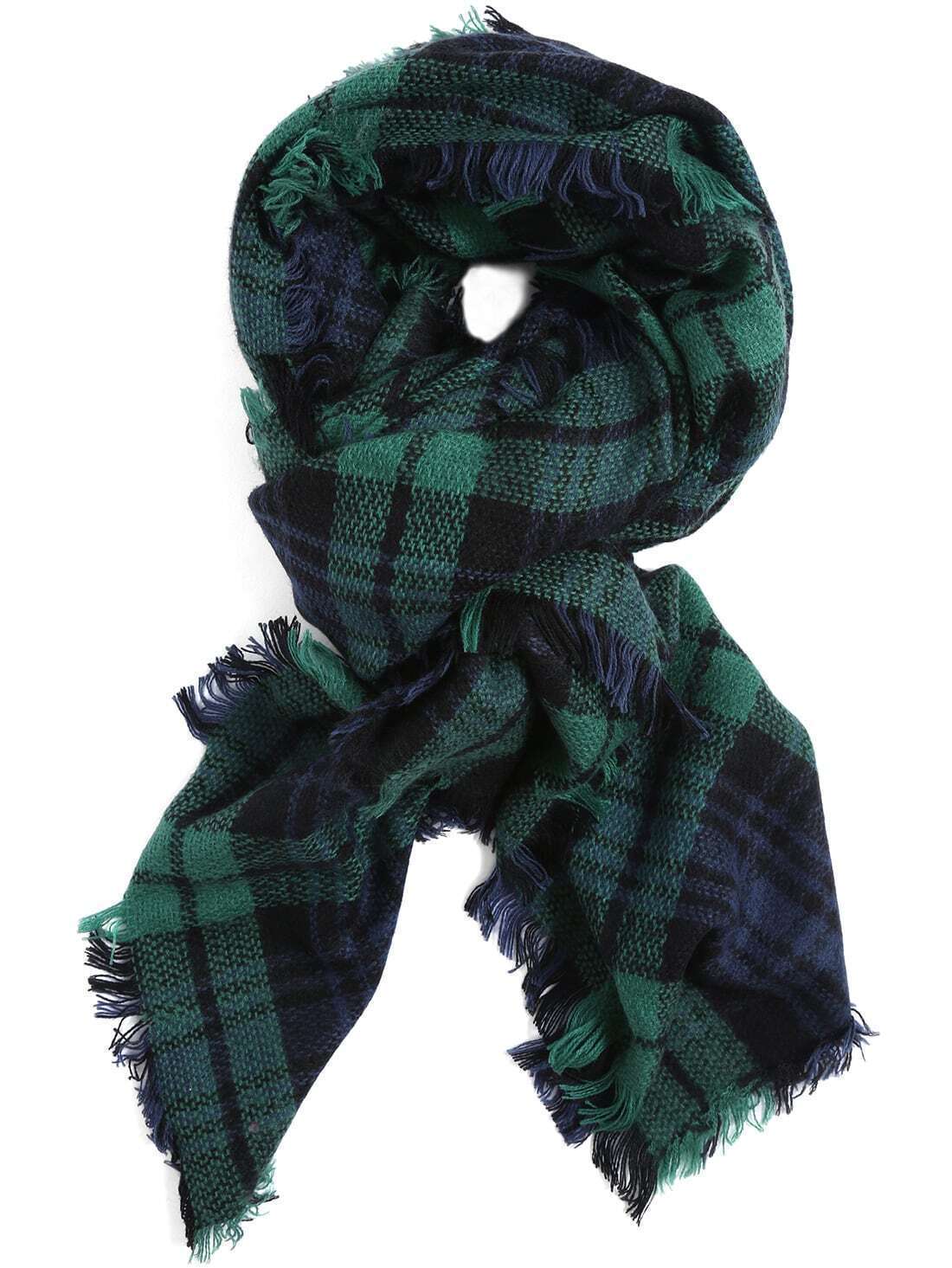 Green Blue Plaid Fringe Scarve -SheIn(Sheinside)