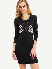 Black Long Sleeve Skeleton Print Dress