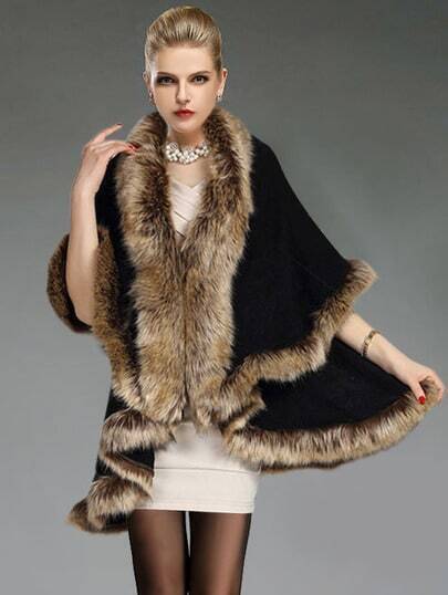 Black Contrast Faux Fur Woolen Cape Coat pictures
