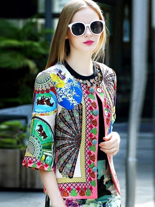 Multicolor Round Neck Half Sleeve Jacquard Coat