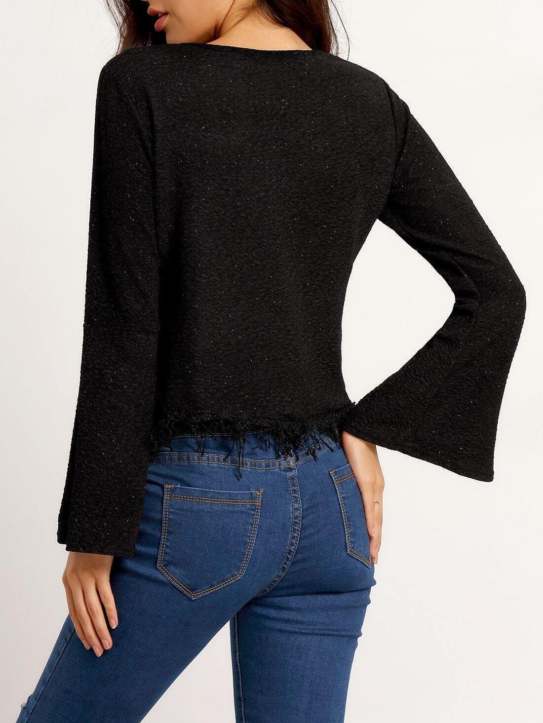 Black Bell Sleeve Tassel TShirt SheIn(Sheinside)