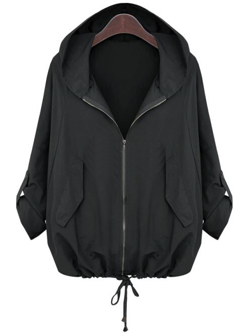 Фото #1: Black Hooded Zipper Loose Jacket