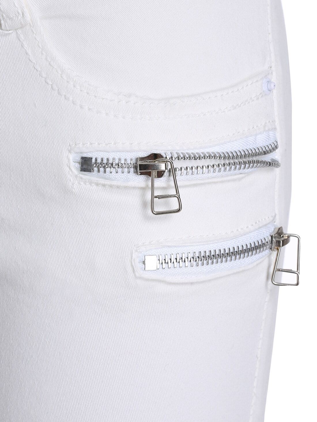 White Slim Zipper Denim Pant SheIn(Sheinside)