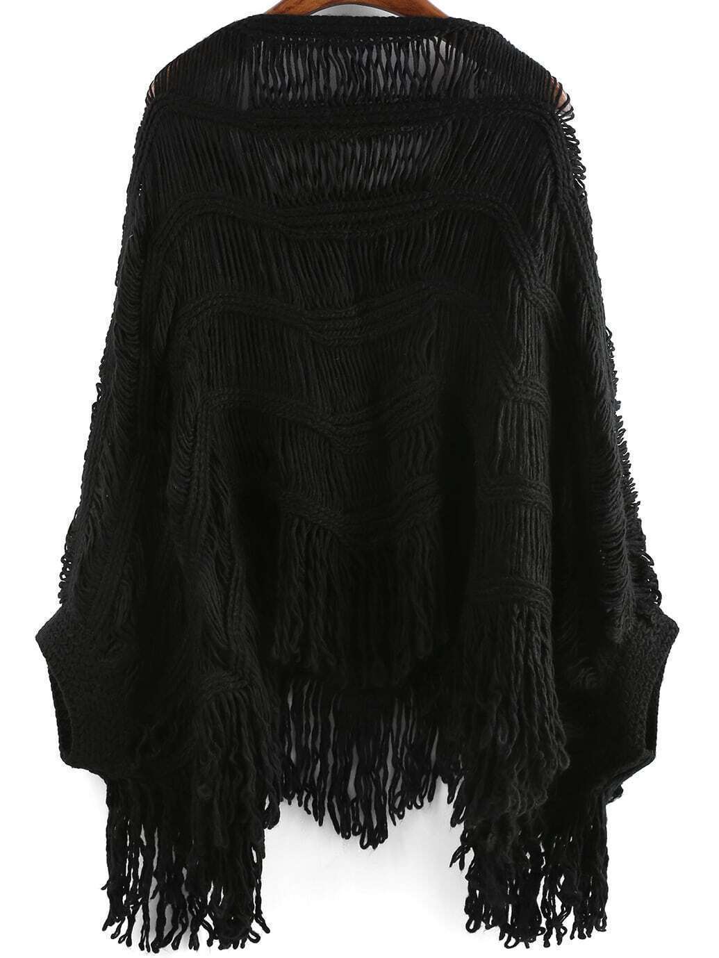 Black Round Neck Batwing Sleeve Tassel Sweater SheIn(Sheinside)