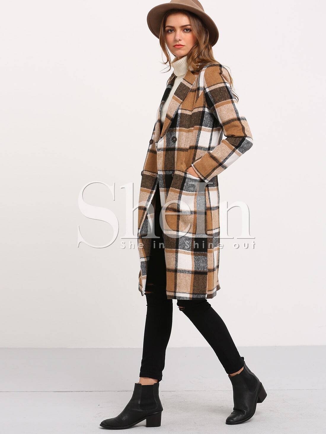Black Coffee Long Sleeve Plaid Coat SheIn(Sheinside)