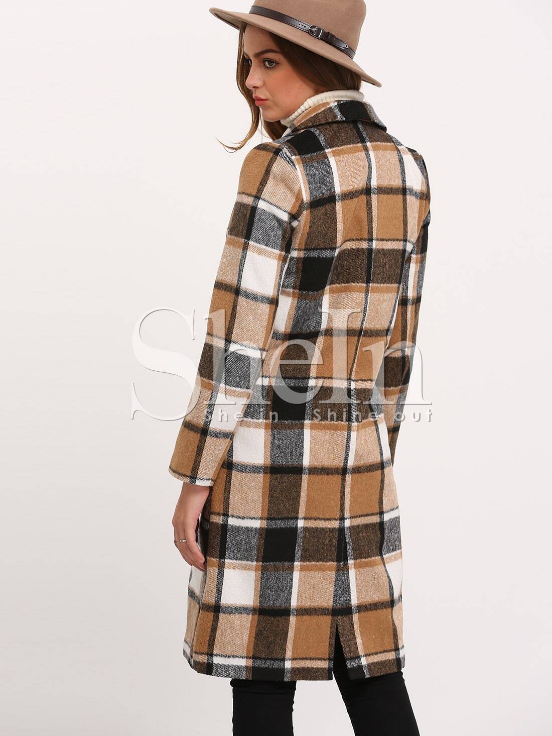 Black Coffee Long Sleeve Plaid Coat SheIn(Sheinside)
