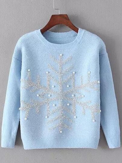 Blue Round Neck Snowflake Patterned Bead Sweater
