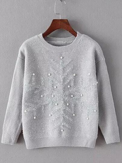 Grey Round Neck Snowflake Patterned Bead Sweater