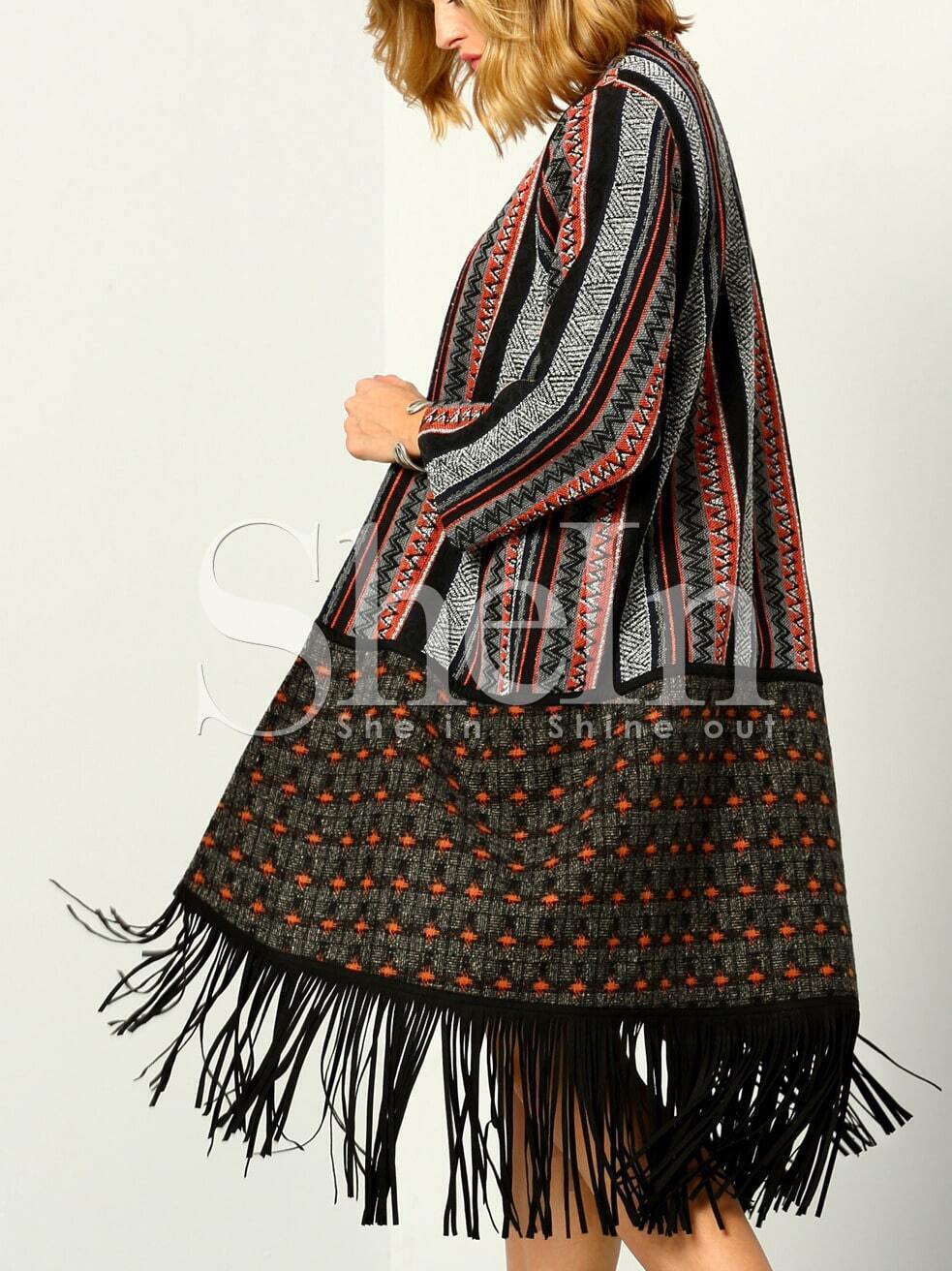 Multicolor Vintage Print Tassel Kimono SheIn(Sheinside)
